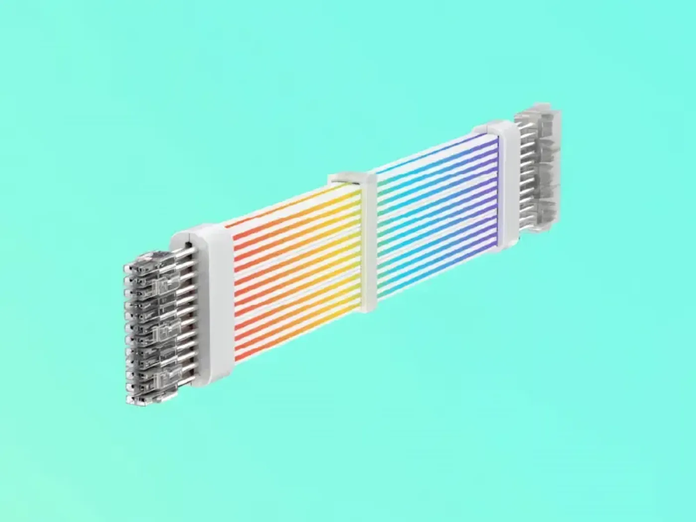 Close view of the silver-plated conductors in the white GameMax GPU extension cable