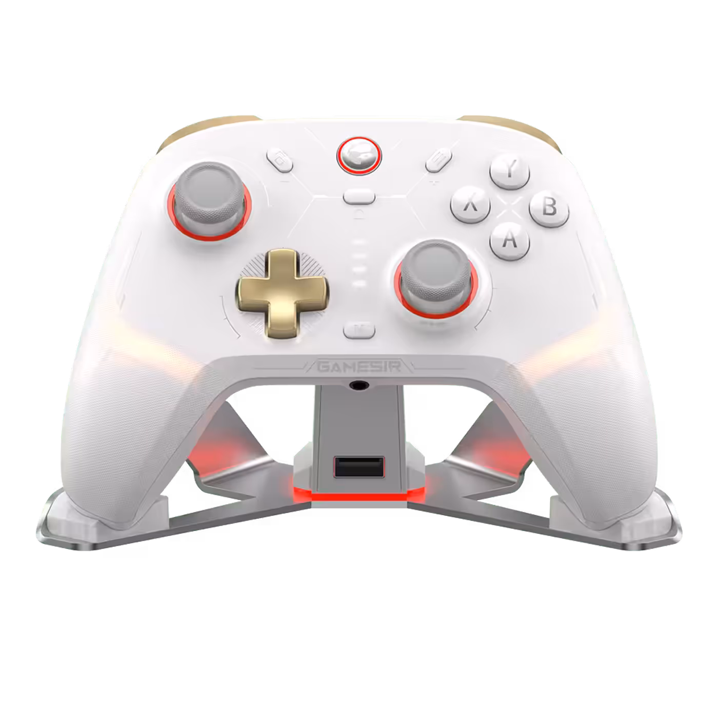 GameSir Cyclone 2 controller in Phantom White beside its charging dock