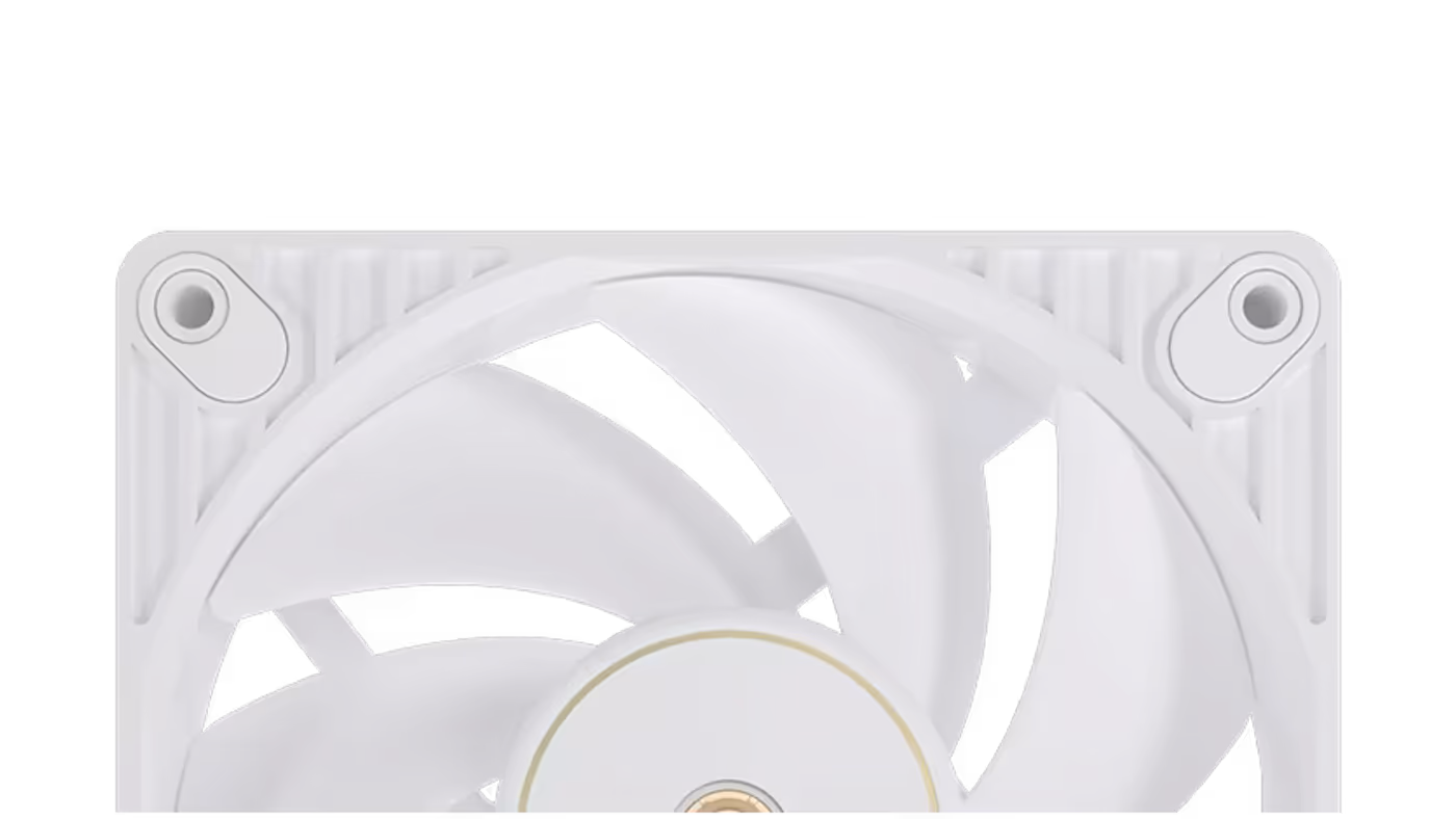 Close-up of a ProArt PF120 PC case fan with sleek blades and 0.5mm gap indicator.