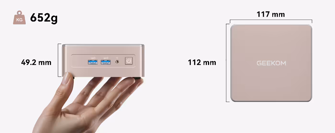 GEEKOM A5 mini PC shown in full, highlighting its compact chassis and front ports