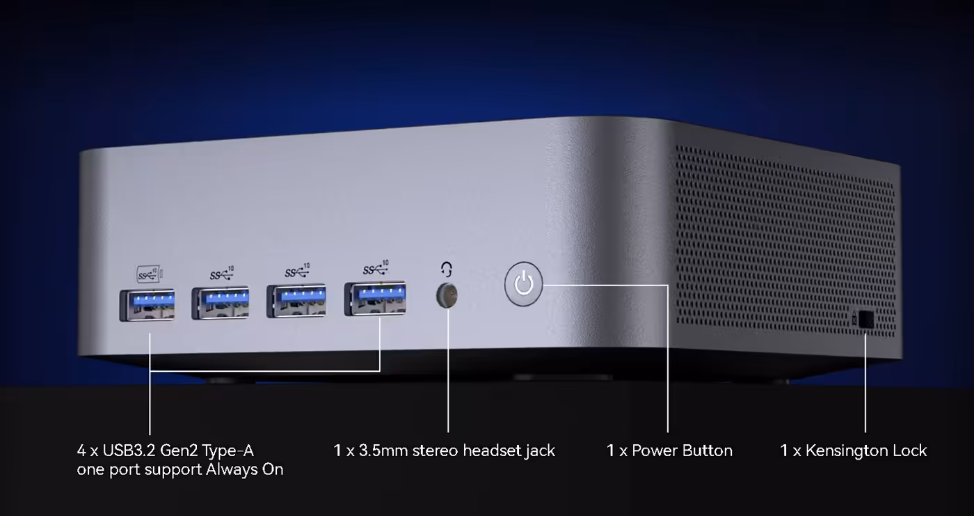 Front panel view displaying USB ports, power button, and audio jack connectivity