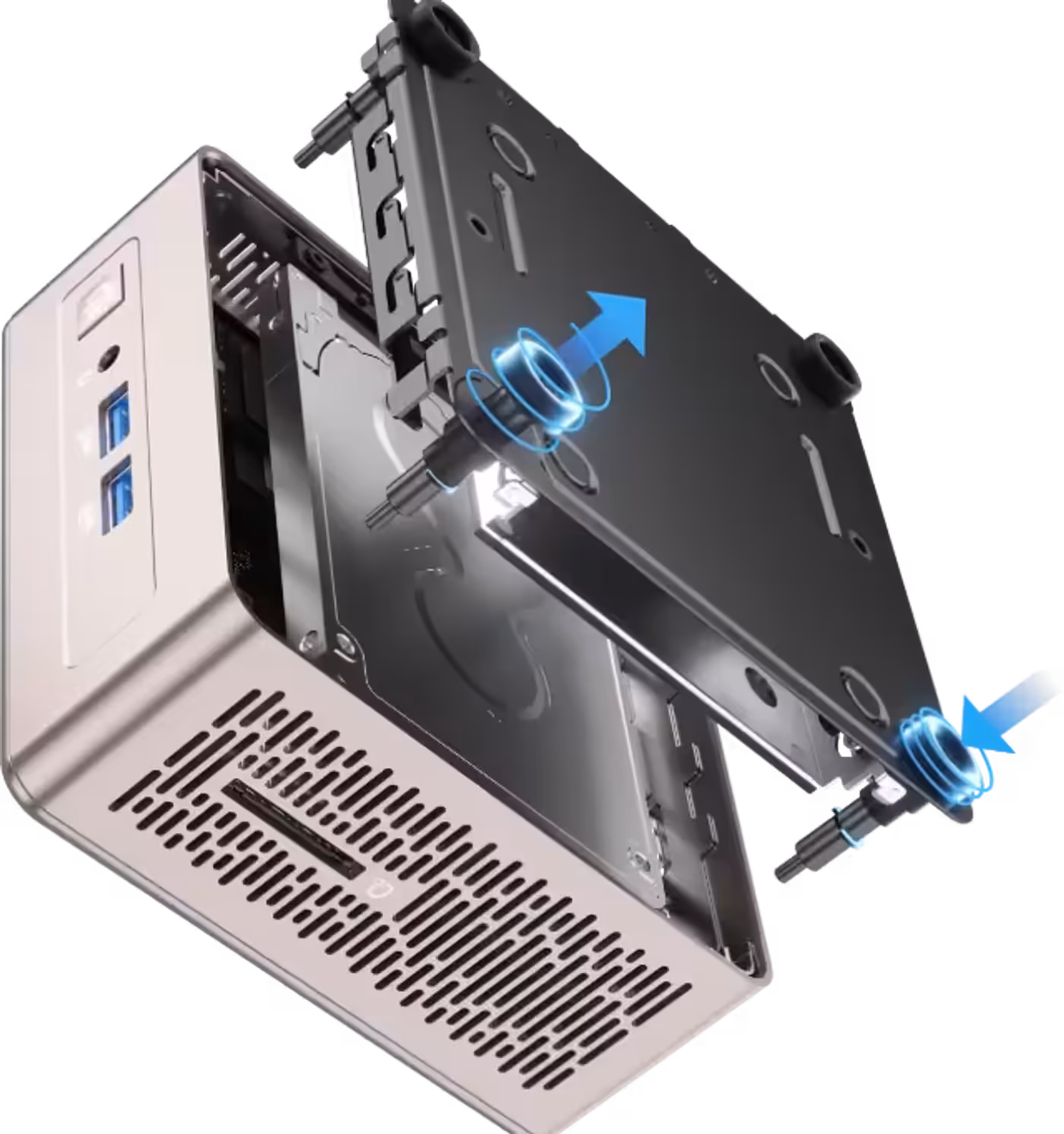 Bottom view of GEEKOM A5 showing tool-free screws and anti-slip feet