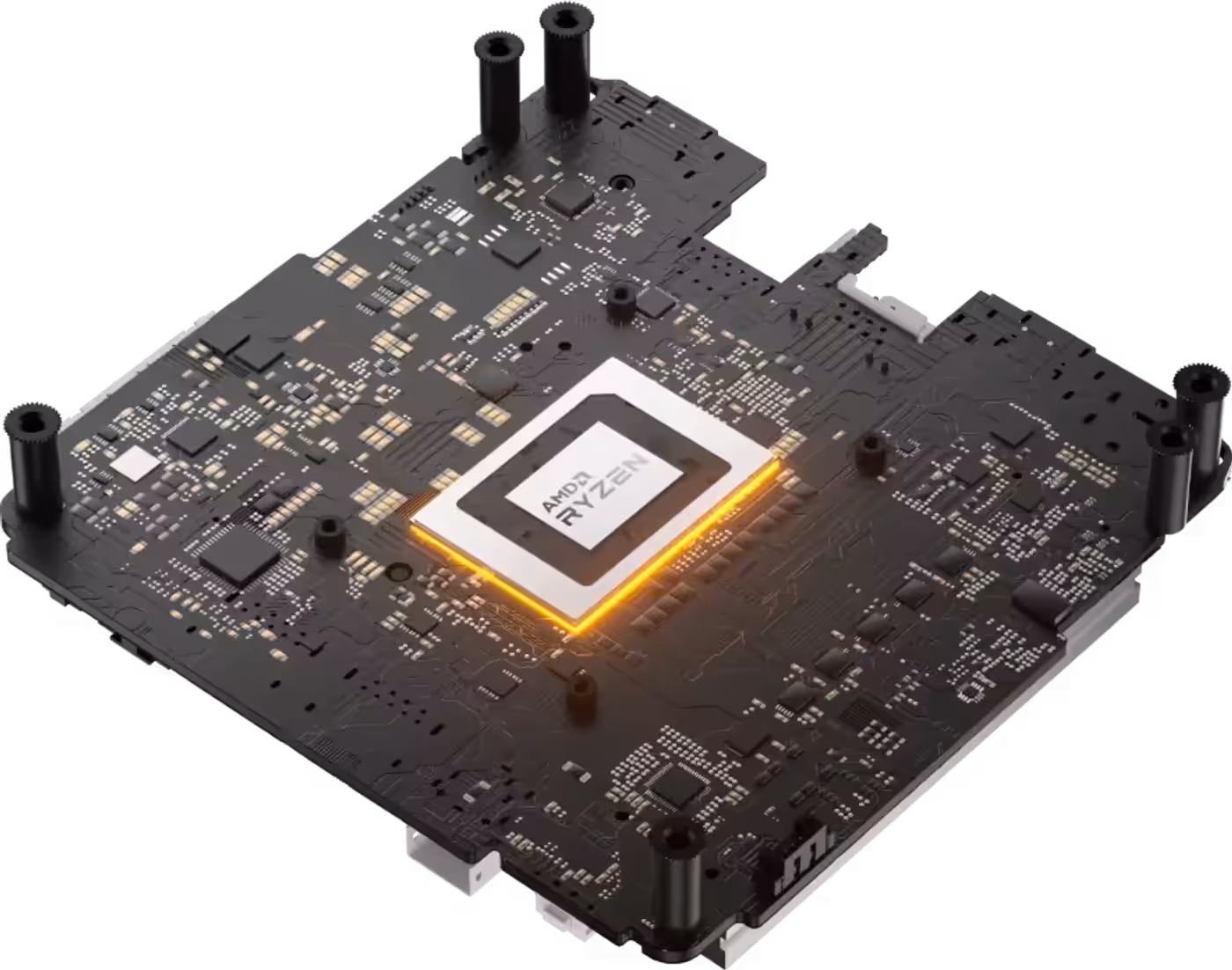 Internal motherboard view highlighting high-quality tantalum capacitors and power circuits