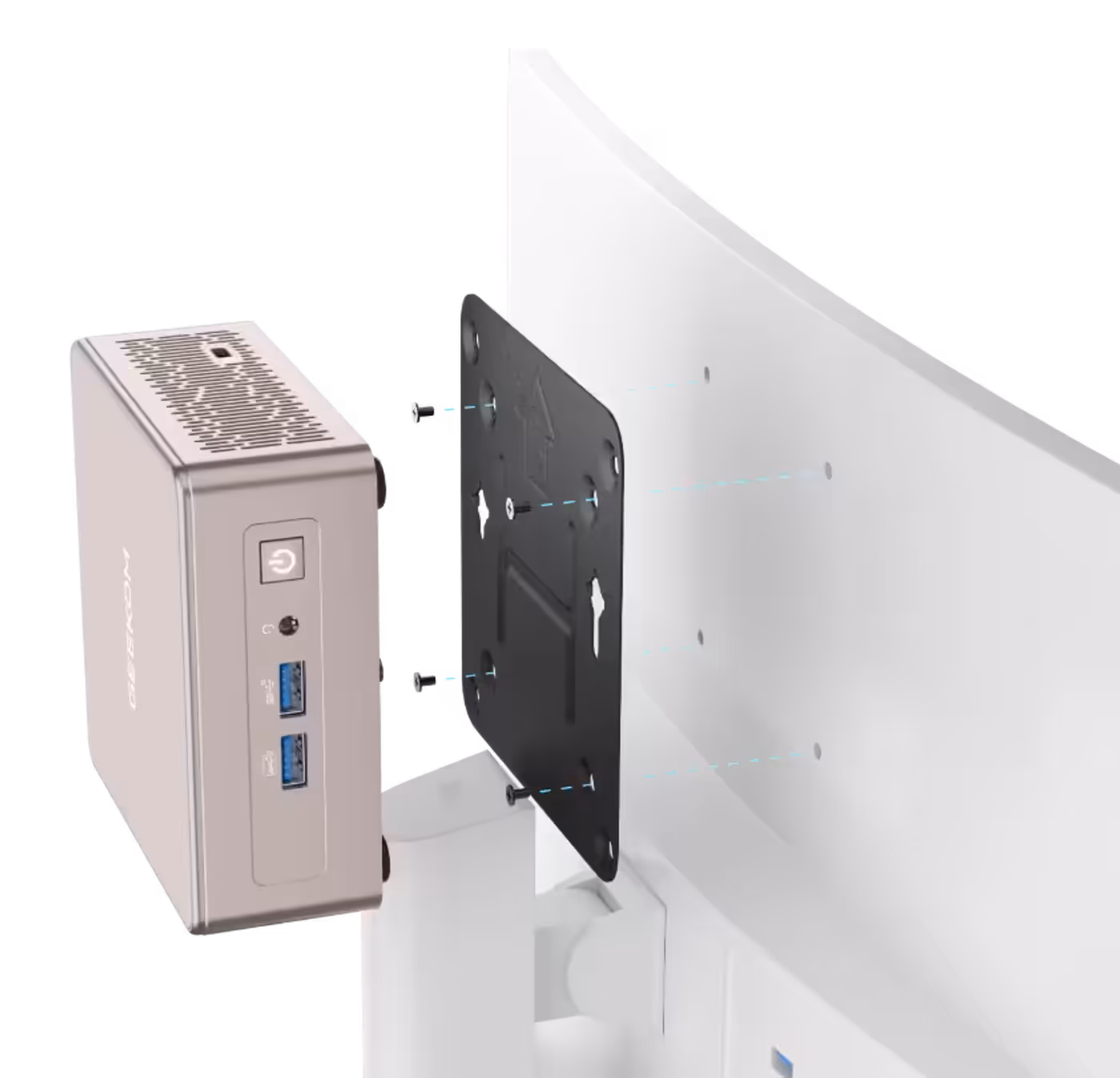 GEEKOM A5 mounted to the back of a monitor using VESA bracket