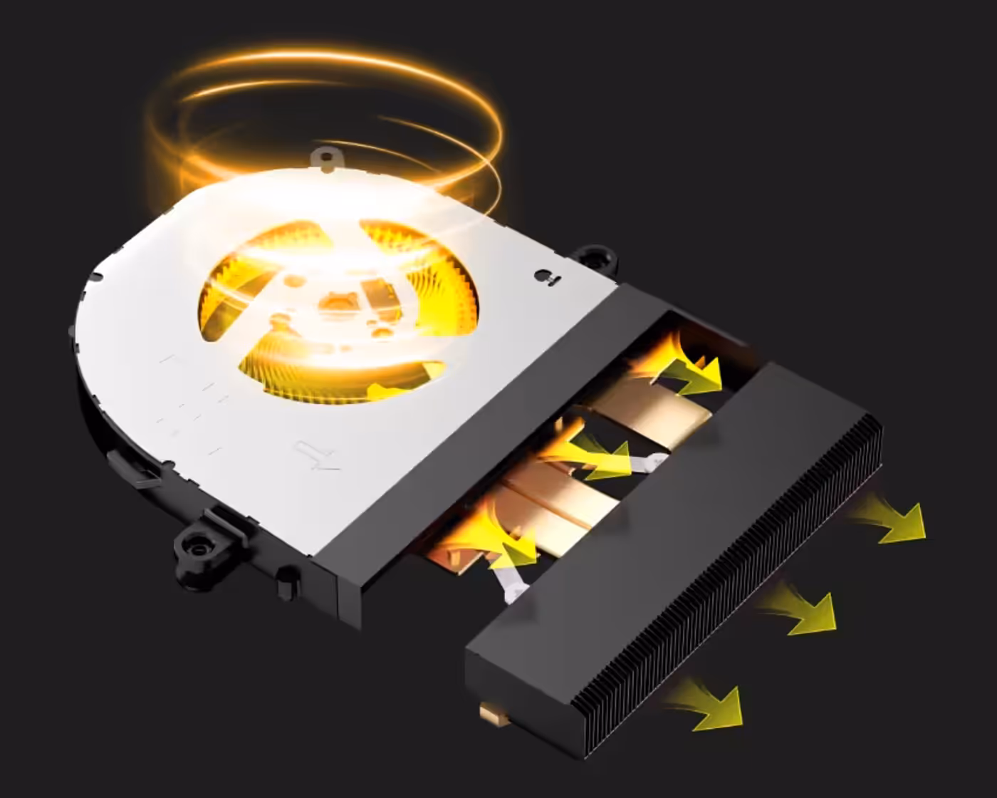 Internal hardware view showing optimized thermal layout and dual copper heat pipe routing