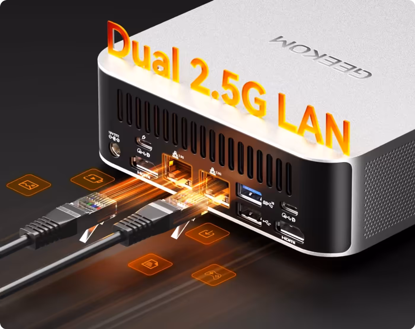 GEEKOM A8 Max showing dual Ethernet ports for advanced network configuration