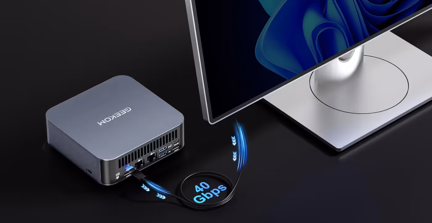 GEEKOM GT1 Mega featuring dual high-speed USB 4.0 ports for versatile connectivity