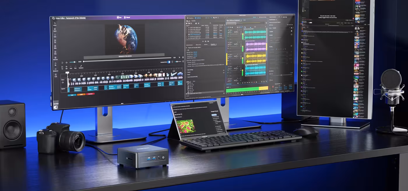 Workstation setup showing multiple 4K displays connected to the IT15