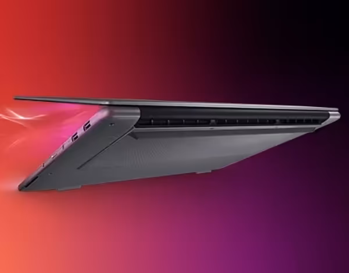 Back right angle view of a partially opened Lenovo Yoga Pro 7i Gen 11 Aura Edition (15” Intel).