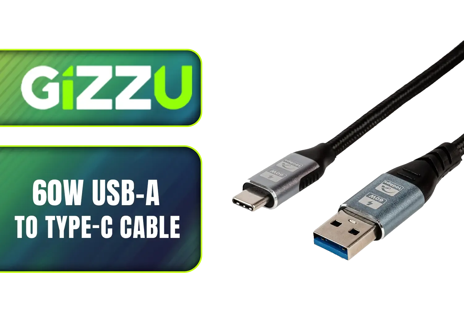 Gizzu 60W USB-A to Type-C Cable - 2m / 60W Fast Charging / Up to 10Gbps Transmission Rate / GCPU3C06010G-02
