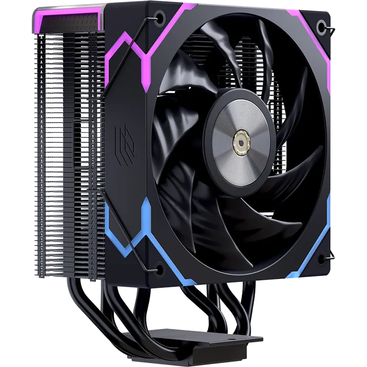 GLIDE G100 cooler demonstrating the single tower design, copper heat pipes, and integrated monitoring display