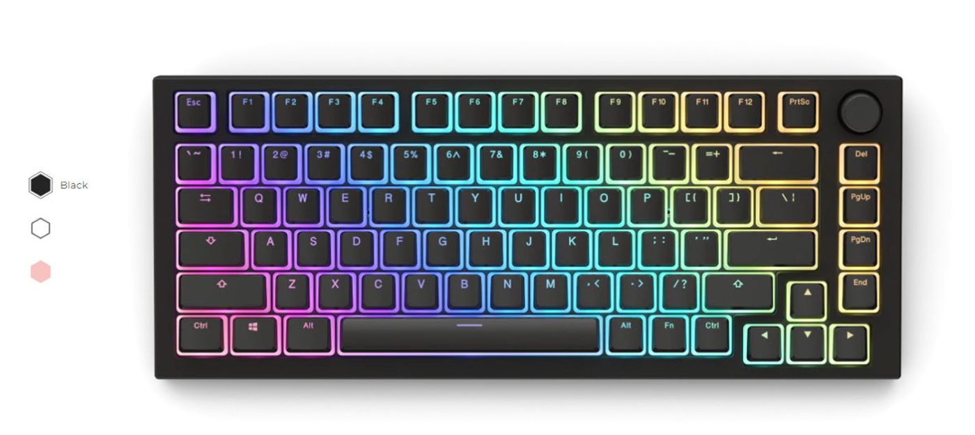Glorious Aura V2 black PBT keycaps under vibrant RGB illumination on a mechanical keyboard
