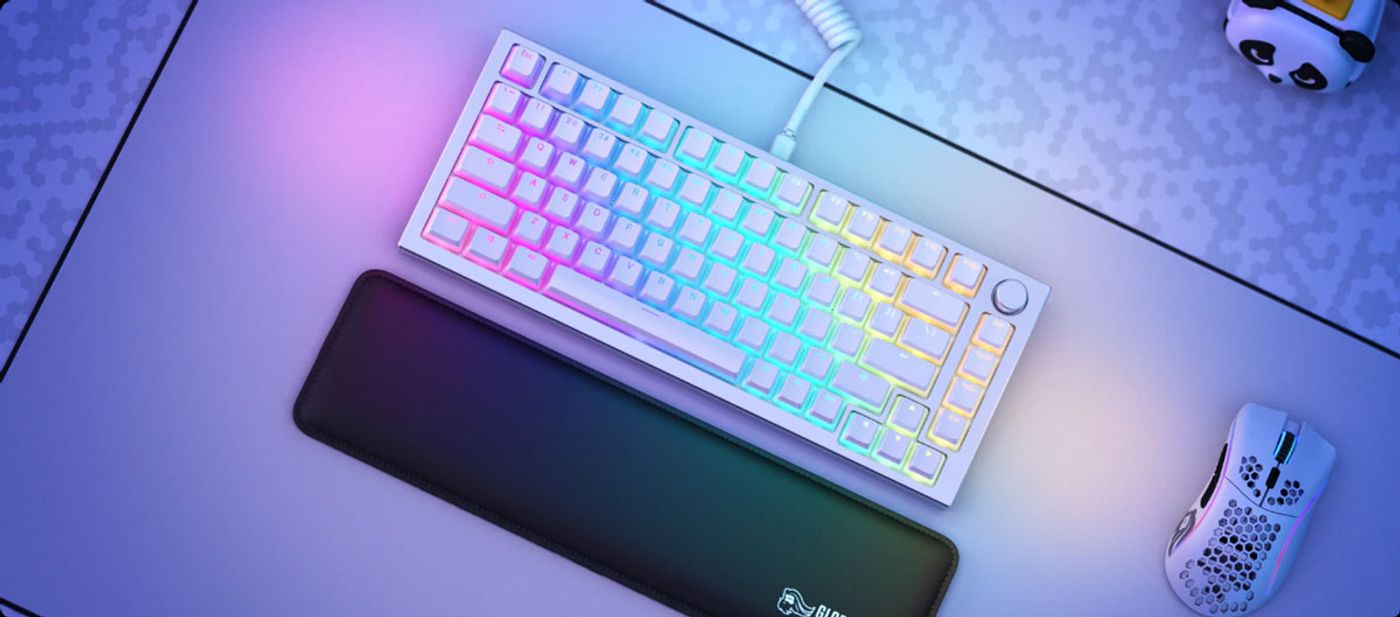 Glorious Aura V2 145-key PBT keycap set in white, laid out in a full-size US layout