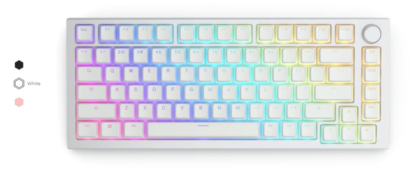 Glorious Aura V2 PBT keycaps with RGB colour shining through the translucent legends
