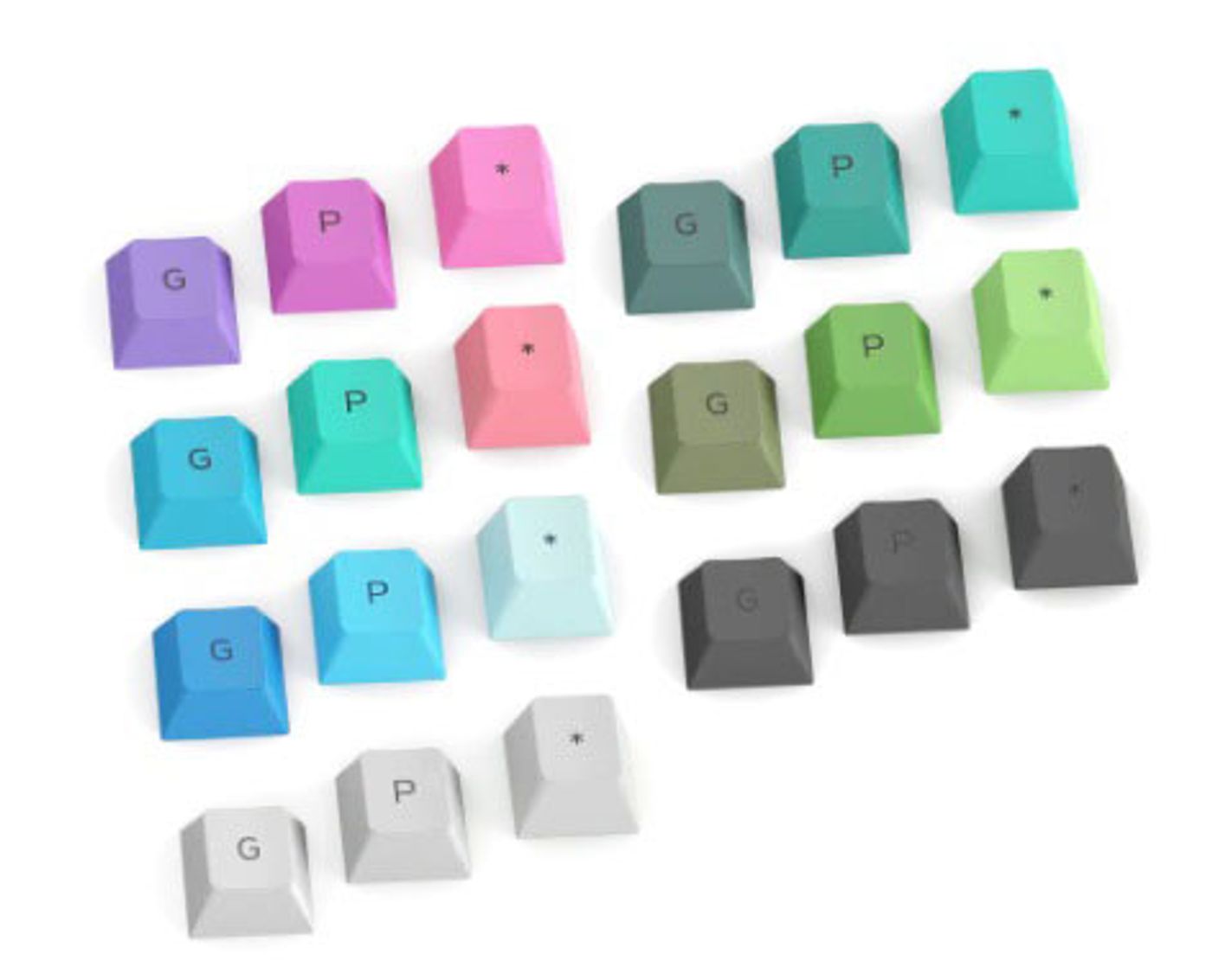 Close-up of Glorious GPBT Rain Forest keycaps showing the custom dye-sublimated legend font