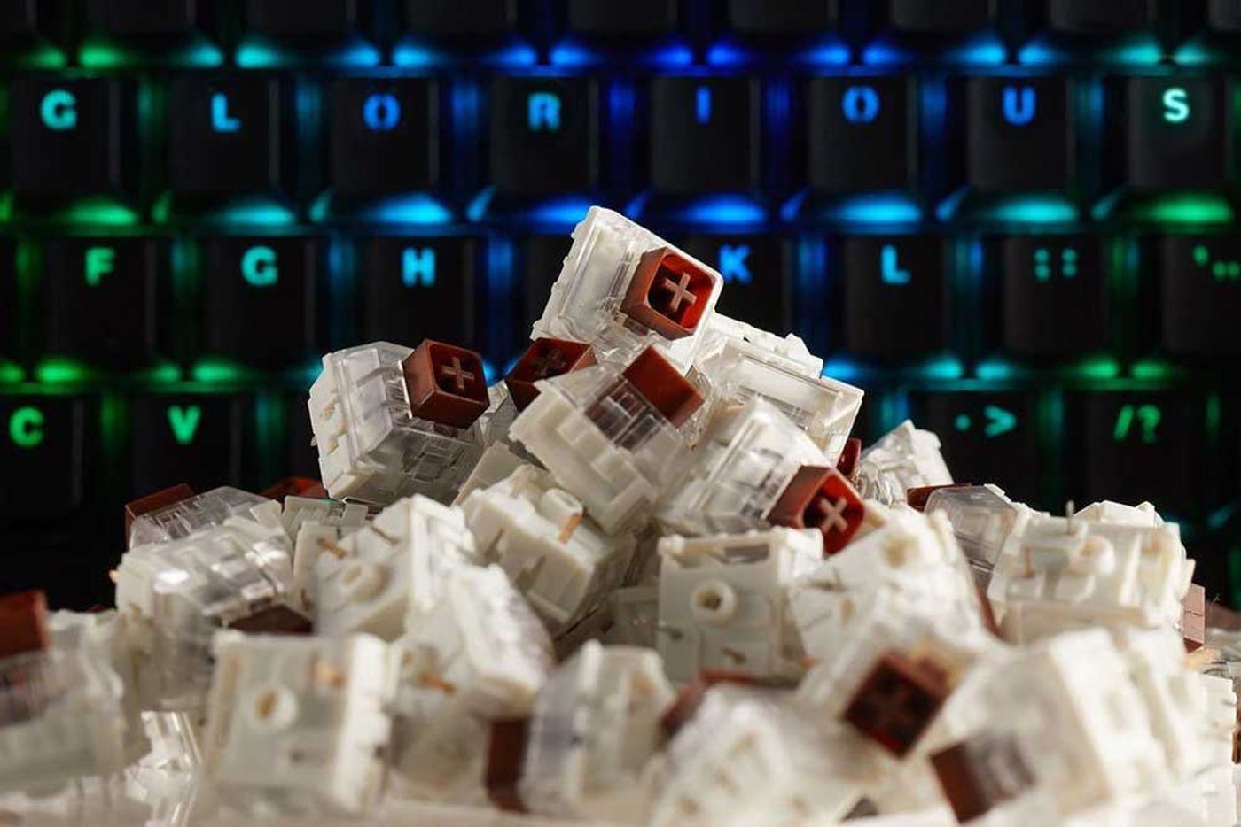 Glorious Kailh Brown mechanical keyboard switches from the 120-piece pack shown together