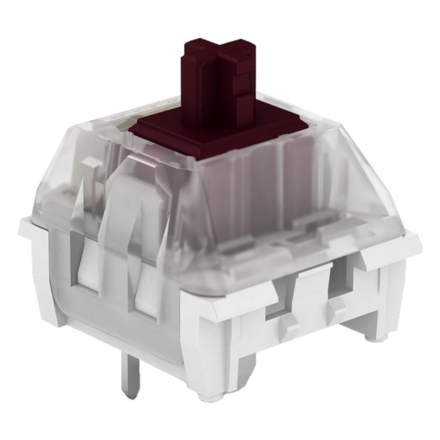 Close-up of a Kailh Copper switch showing the transparent housing and plate-mounted body