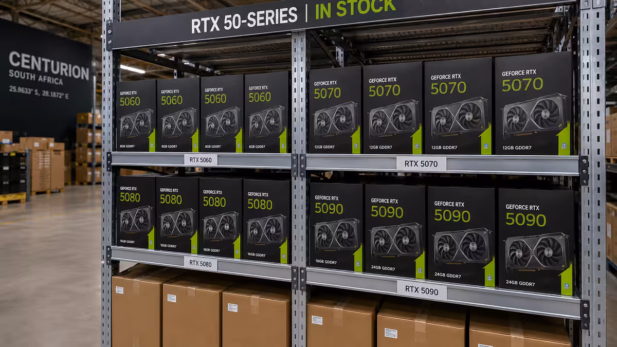RTX 50-series GPU stack on shelf