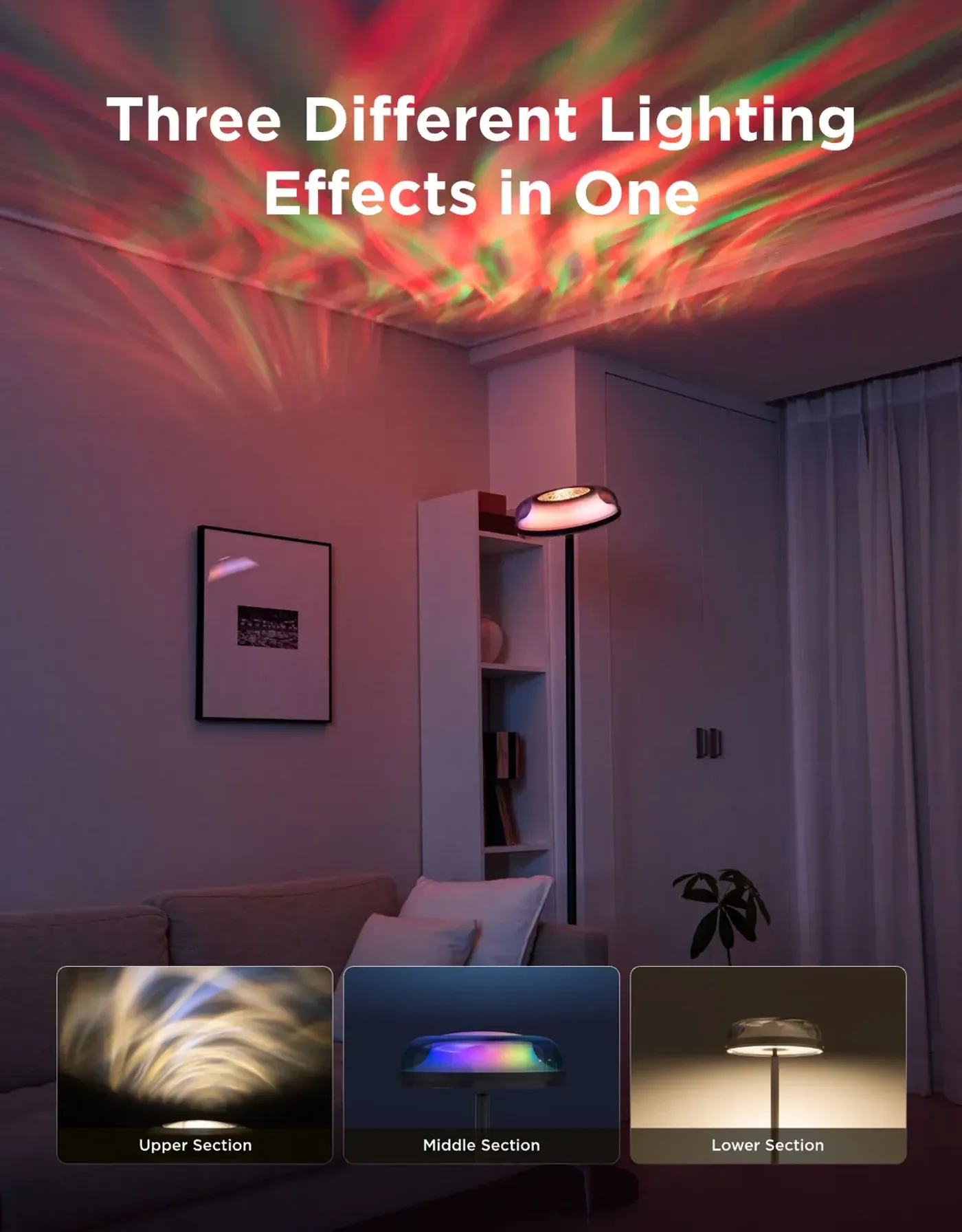 Govee floor lamp positioned in a corner casting coloured light up the wall