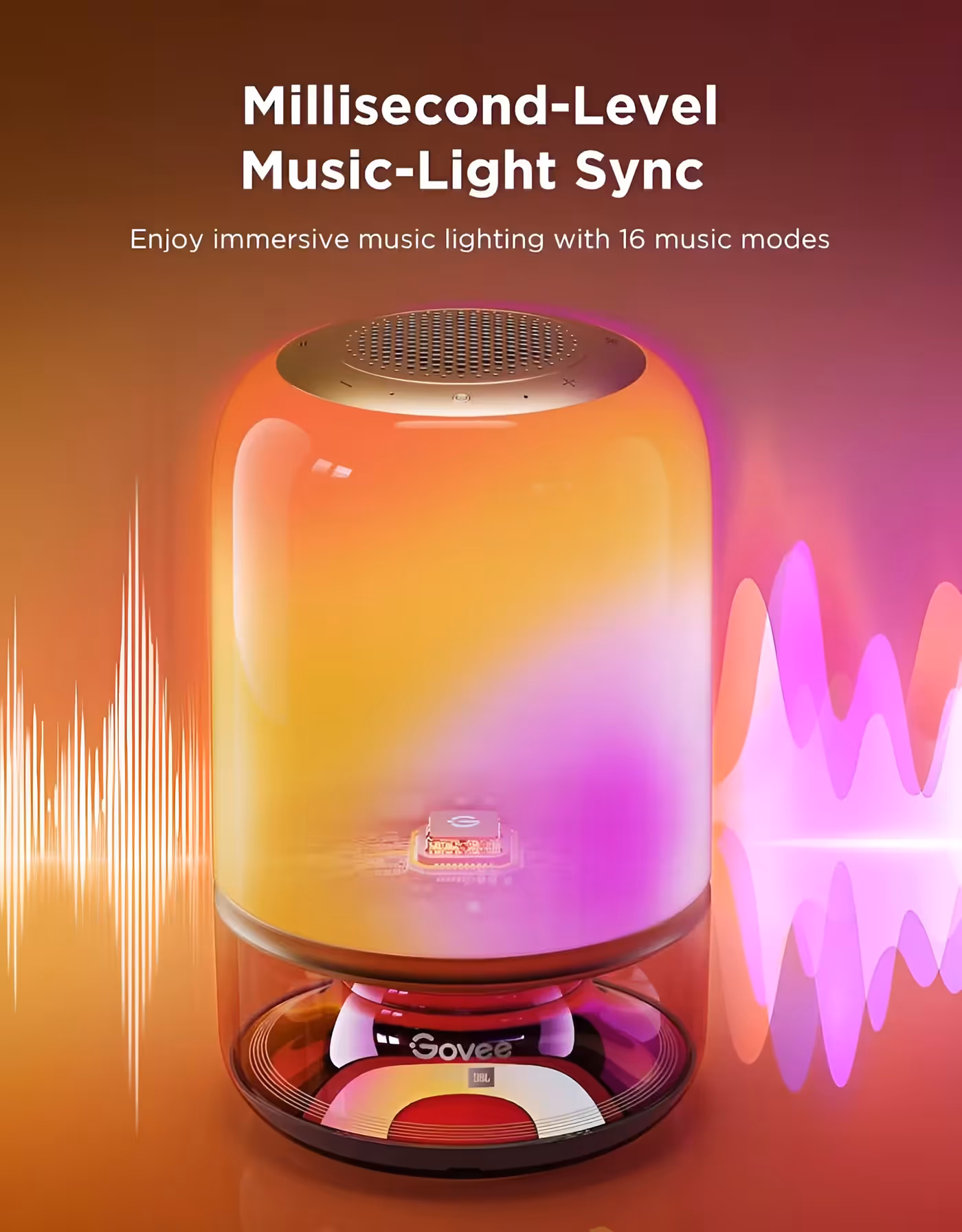 The lamp glowing in layered orange and pink with sound waves behind it