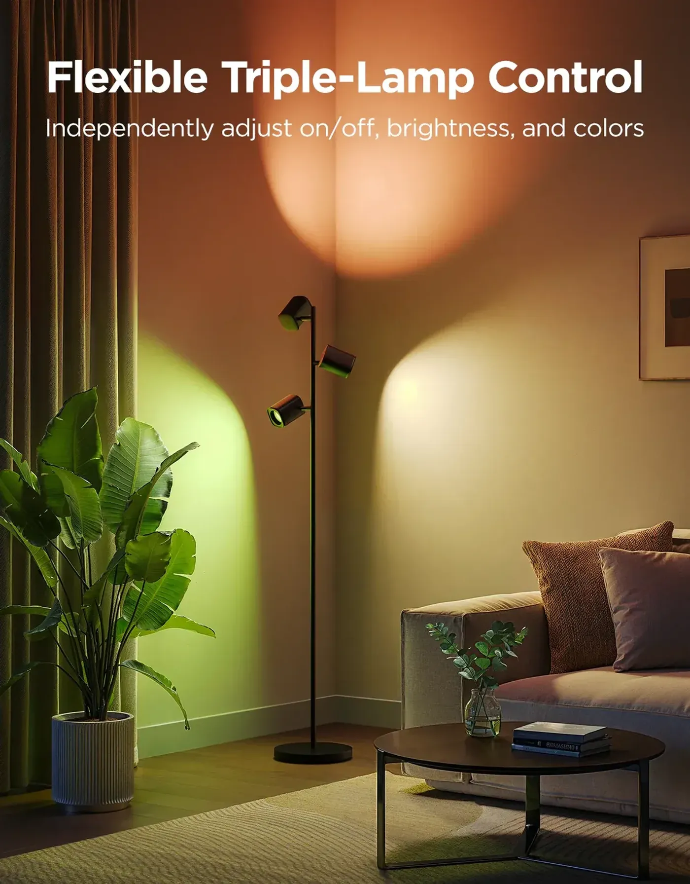 Govee H60B2311 RGBWW tree floor lamp with three lit heads