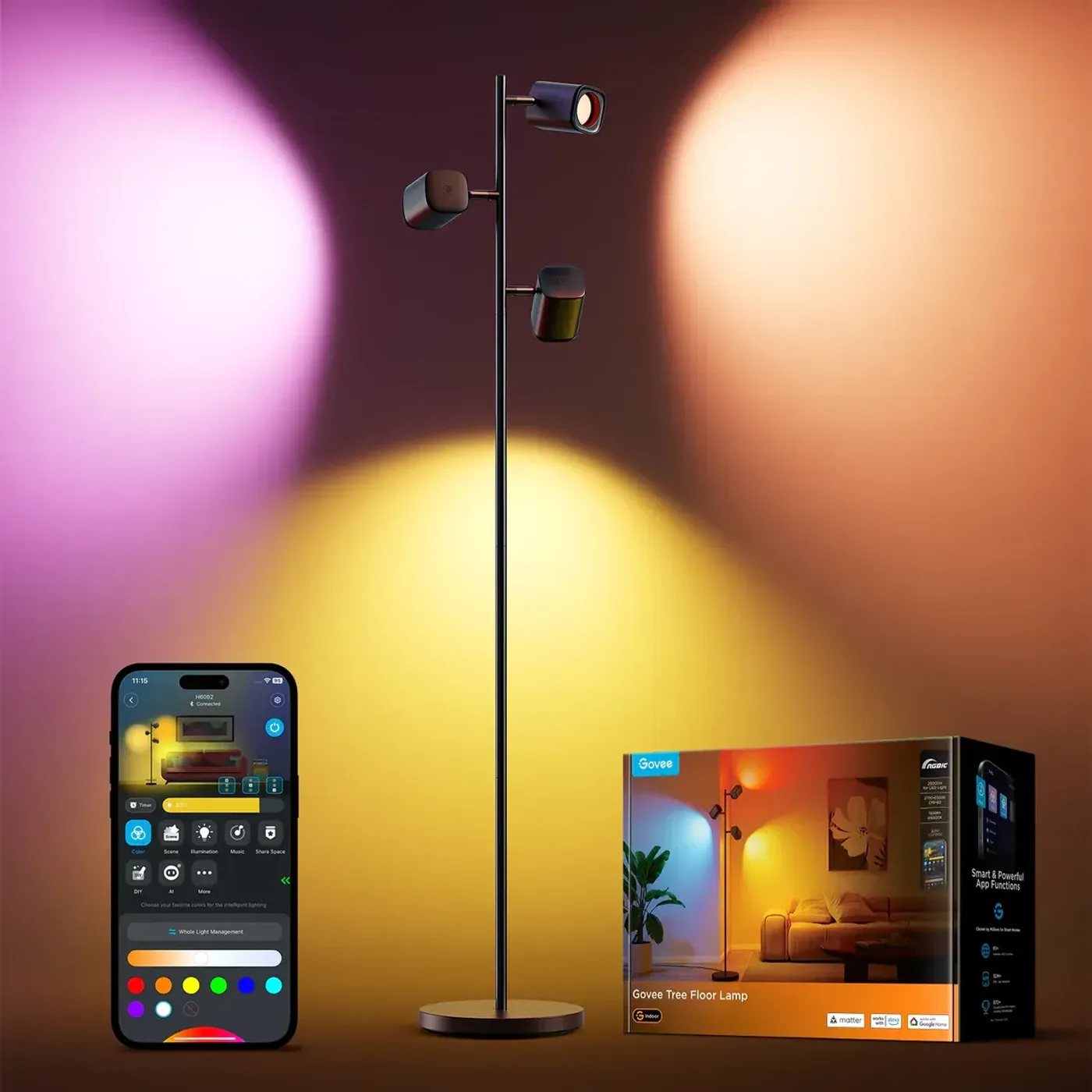 Three lamp heads of the Govee tree floor lamp lit in different colours