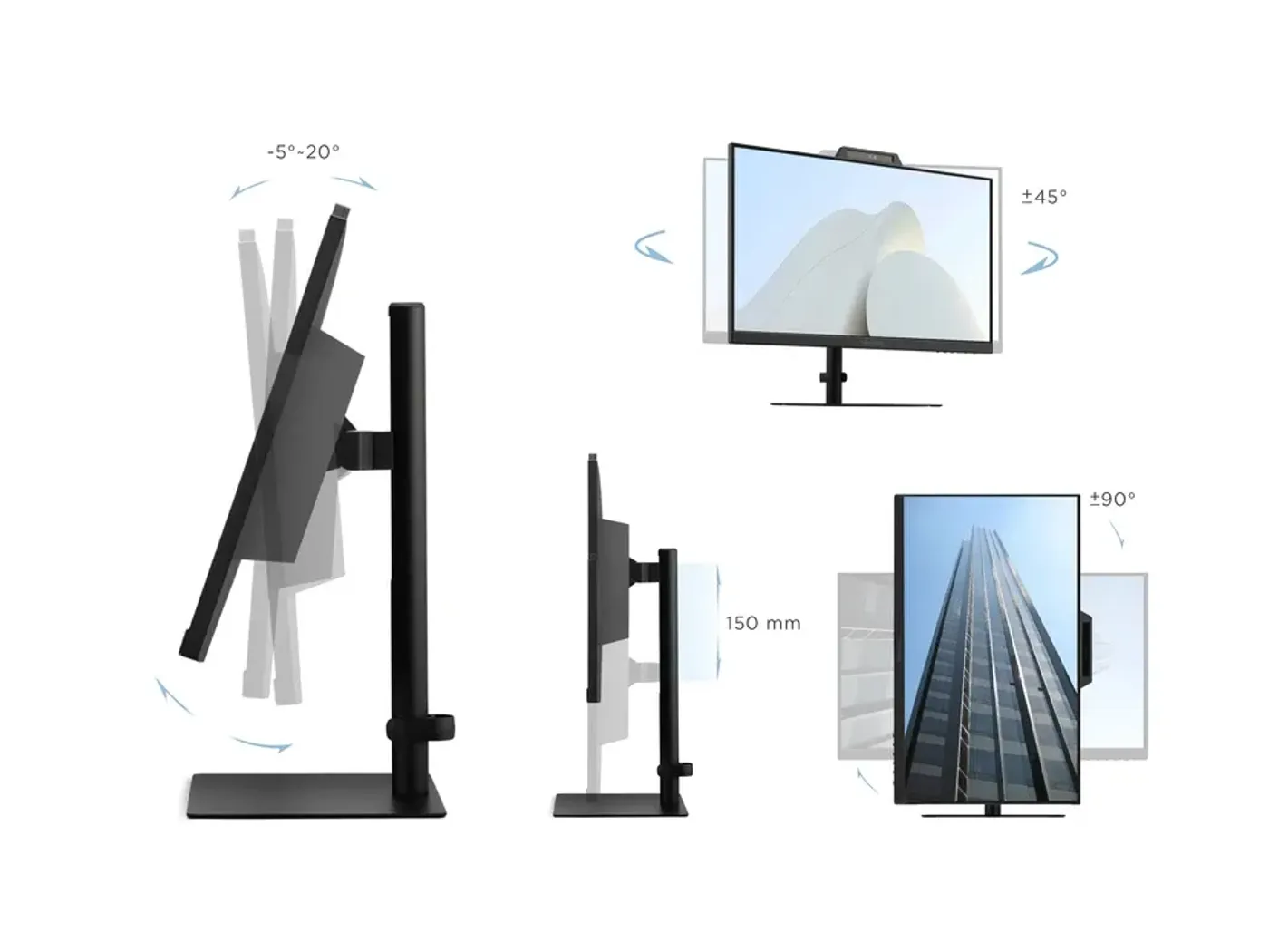 Ergonomic monitor stand with tilt, swivel, pivot and height adjustment features