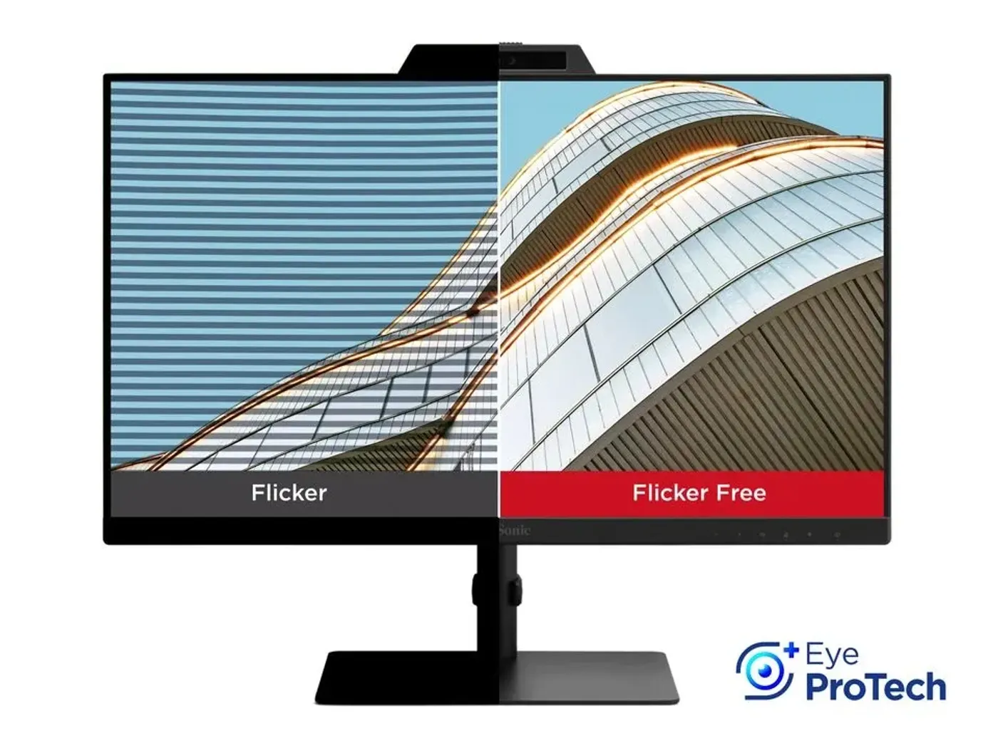 Monitor showcasing Eye ProTech+ low blue light and flicker-free technology