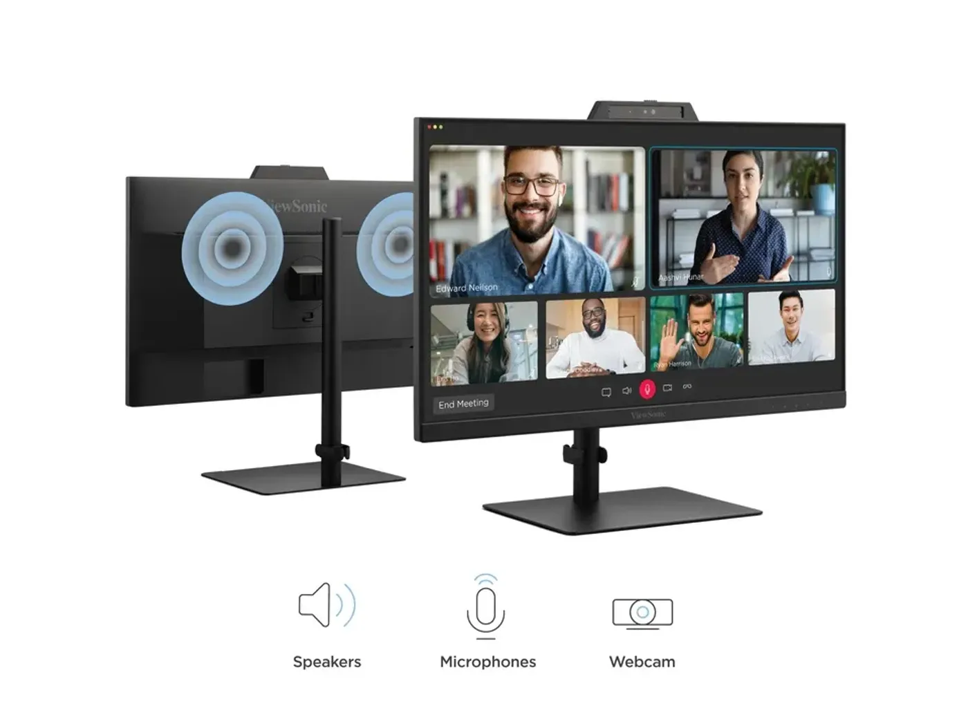Monitor setup featuring built-in webcam, microphones, and speakers for conferencing