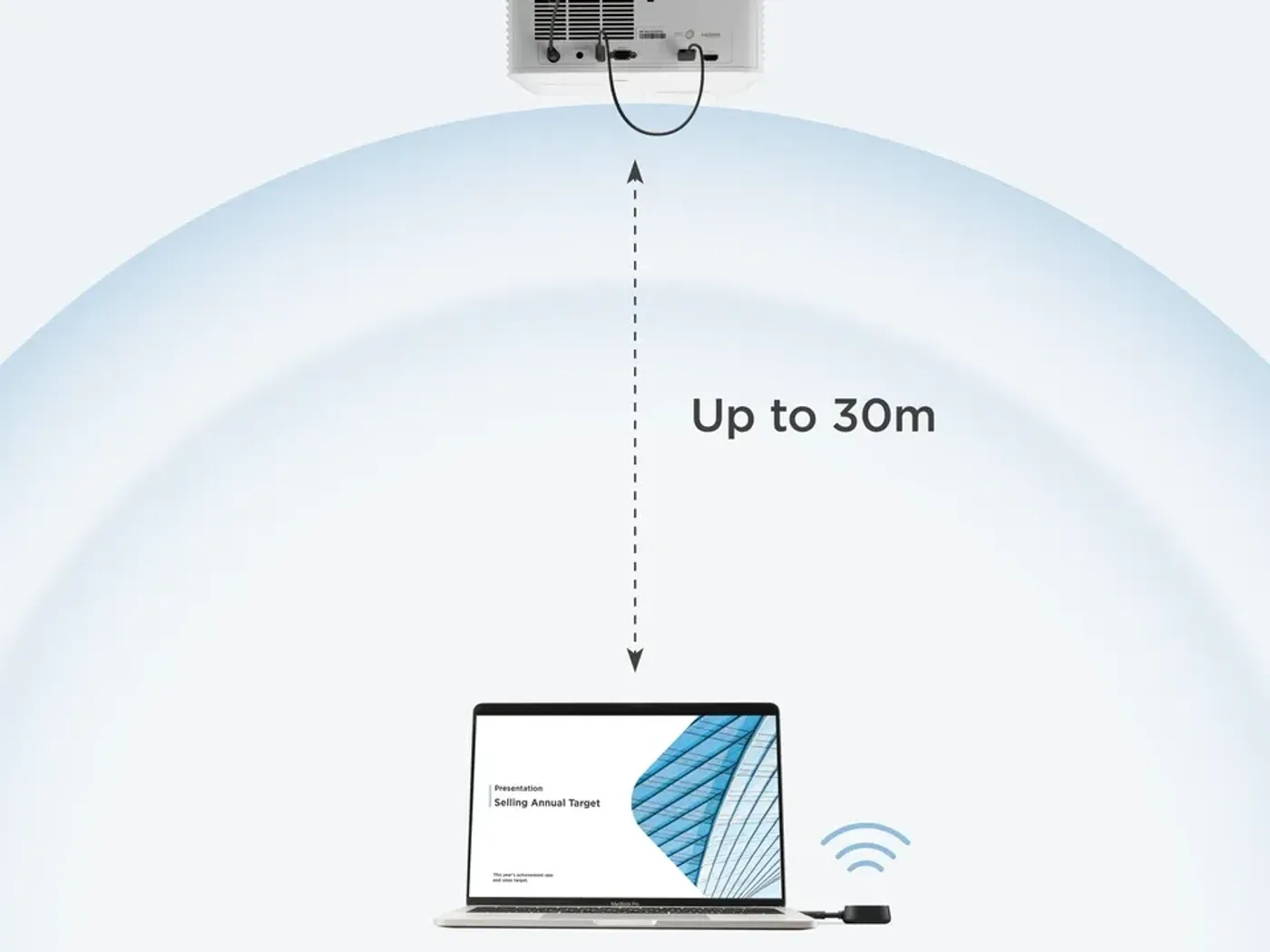Wireless transmission demonstration showing a 30 meters casting range in a large hall