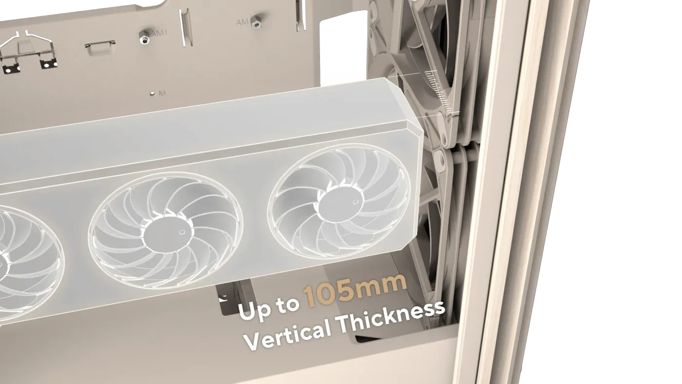 Case showing support for vertical and horizontal graphics card mounting