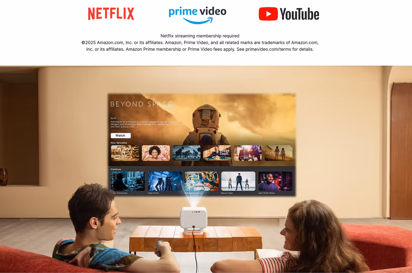 Smart streaming projector interface showing Netflix and Prime Video content