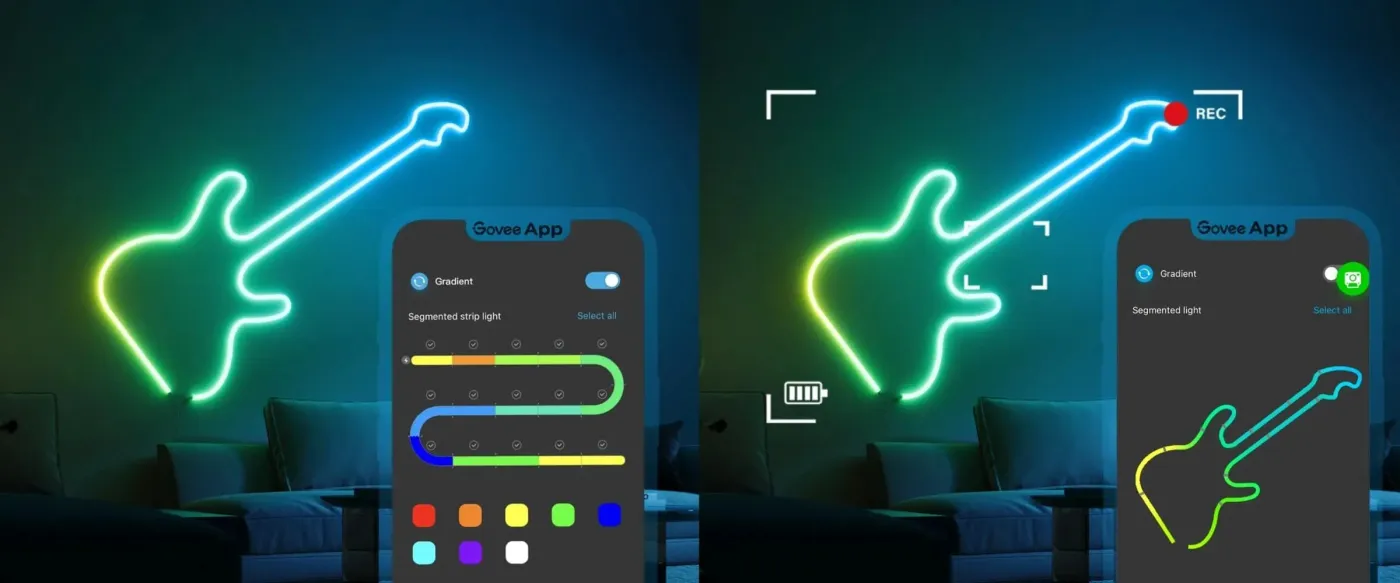 Neon strip cycling through scene lighting effects on a gaming desk