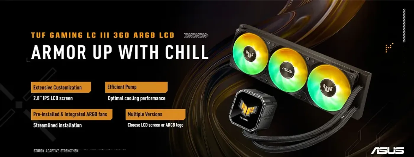 TUF Gaming LC III 360 ARGB LCD showing 2.8” IPS display and fans