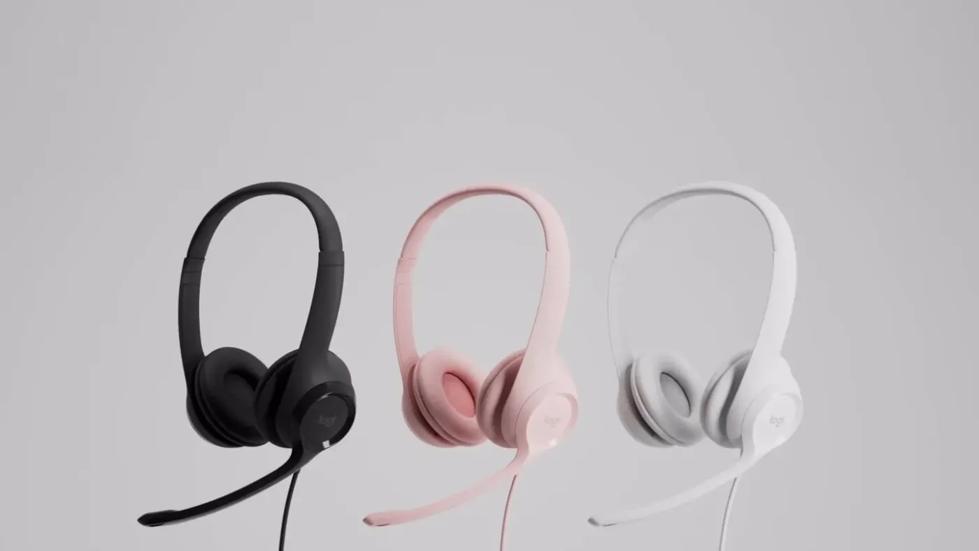 Logitech H390 headset in a colorful workspace setting for video meetings