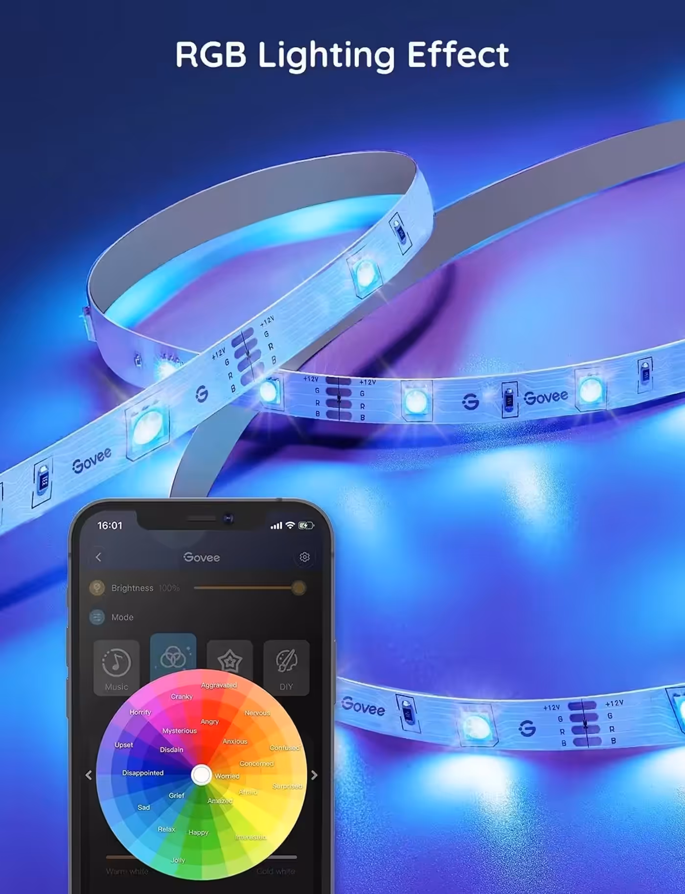 RGB LED strip lighting creating vibrant ambient colour effects in a room