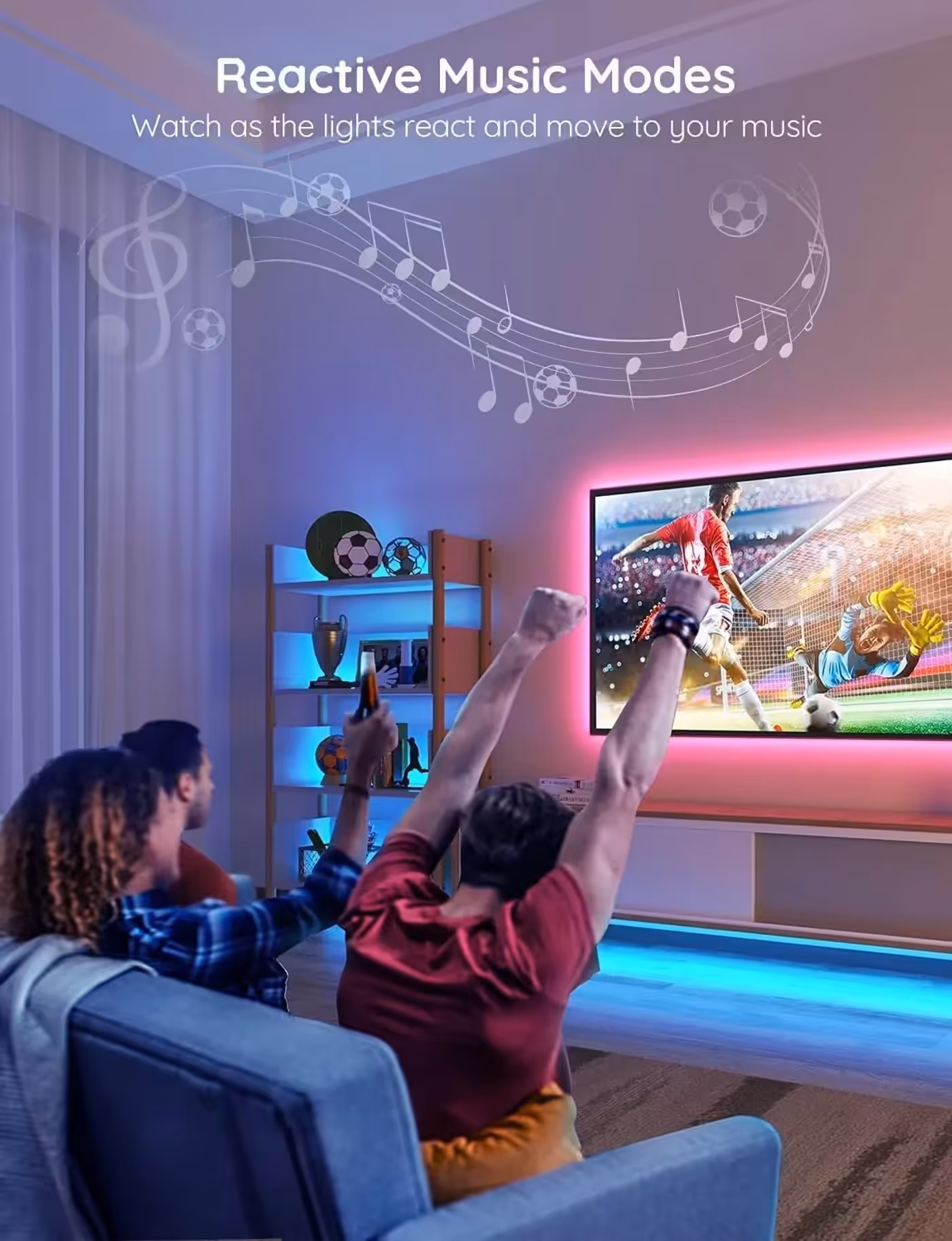 LED strip lighting reacting to music with pulsing and flowing effects