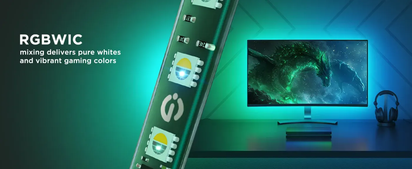 RGBWIC lighting producing crisp whites and bold colour effects