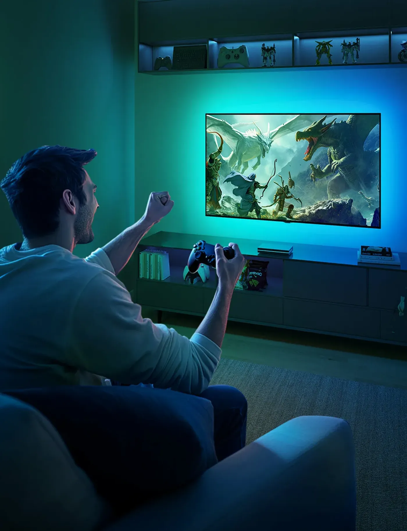 Game night lighting synced with on-screen action without extra remotes