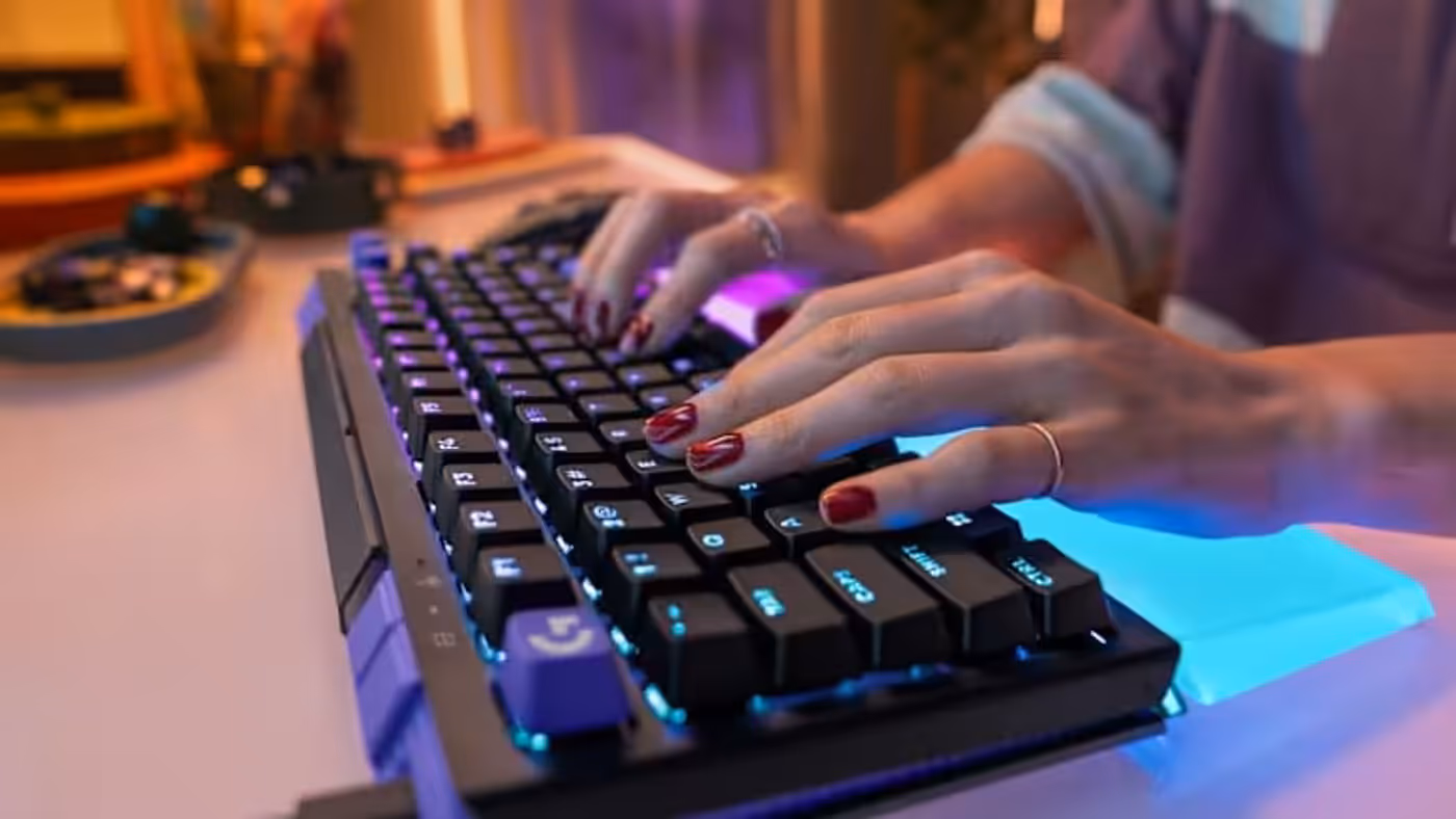 Close up of durable PBT doubleshot keycaps with RGB shine-through
