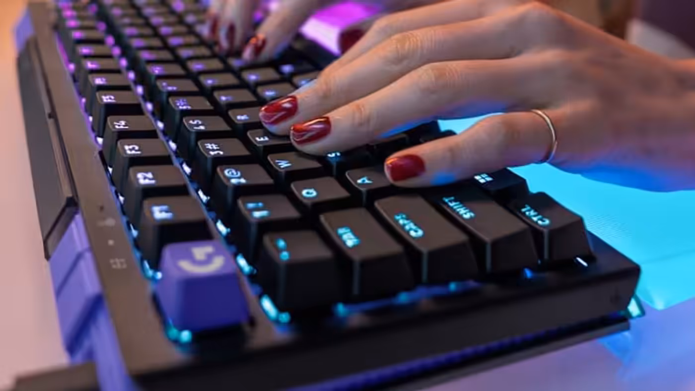 Close up of durable PBT doubleshot keycaps with RGB lighting