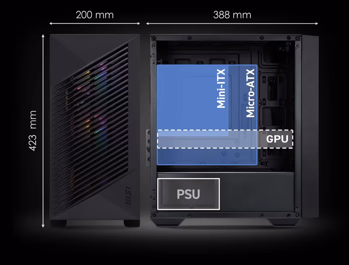 Internal component diagram showing clearance for GPU, CPU cooler, and motherboard support