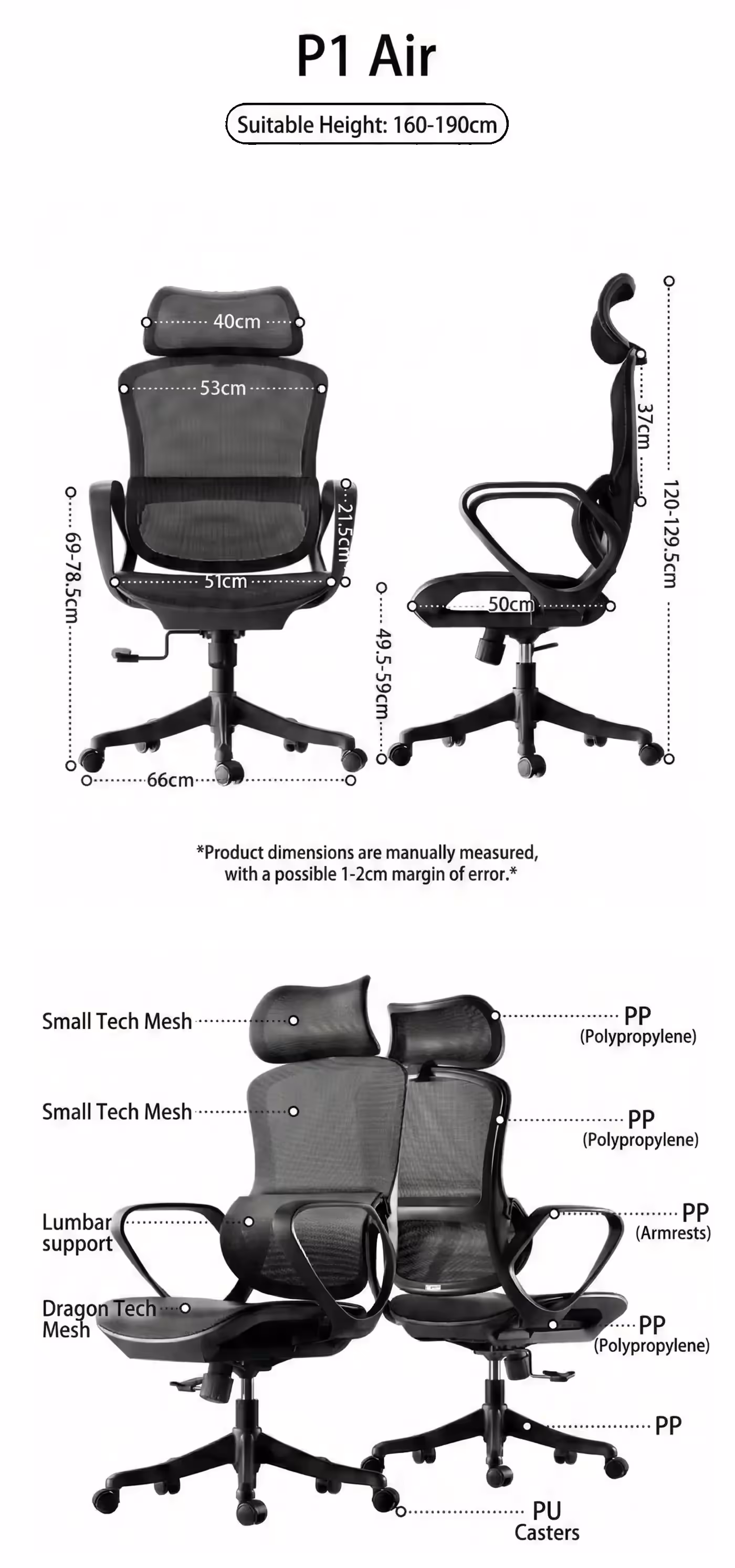 HBADA P1 Air office chair shown in profile at full height