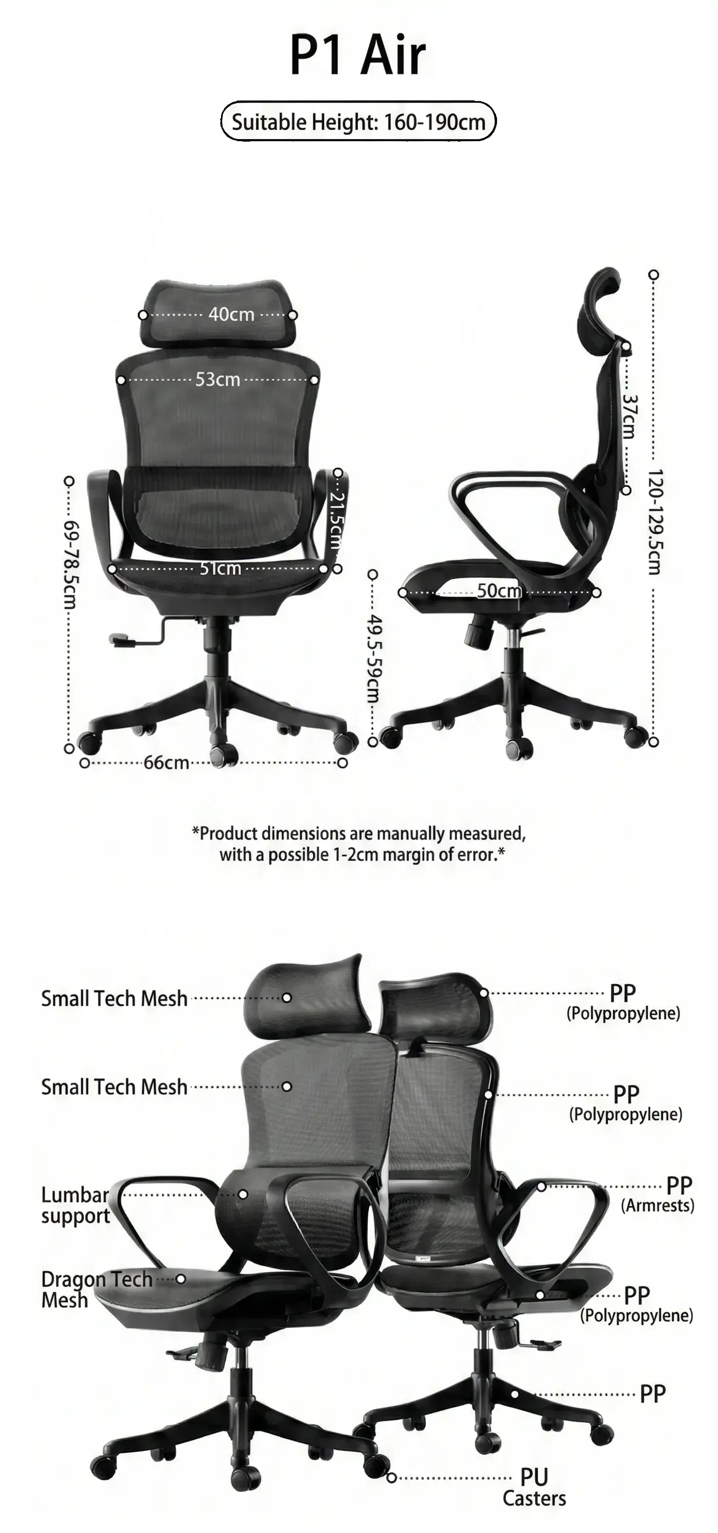 HBADA P1 Air office chair shown in profile at full height