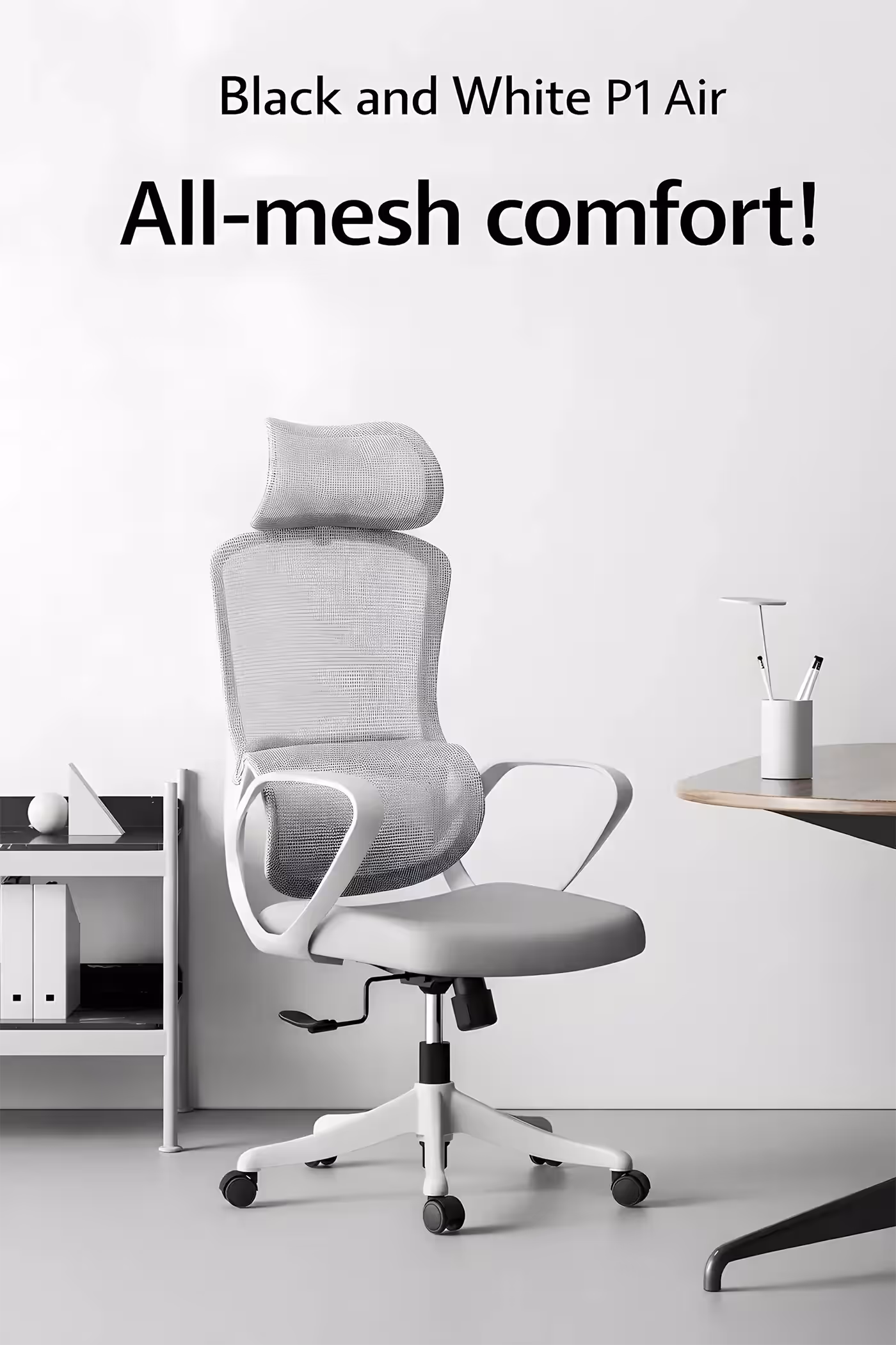 HBADA P1 Air mesh office chair in white, front three-quarter view