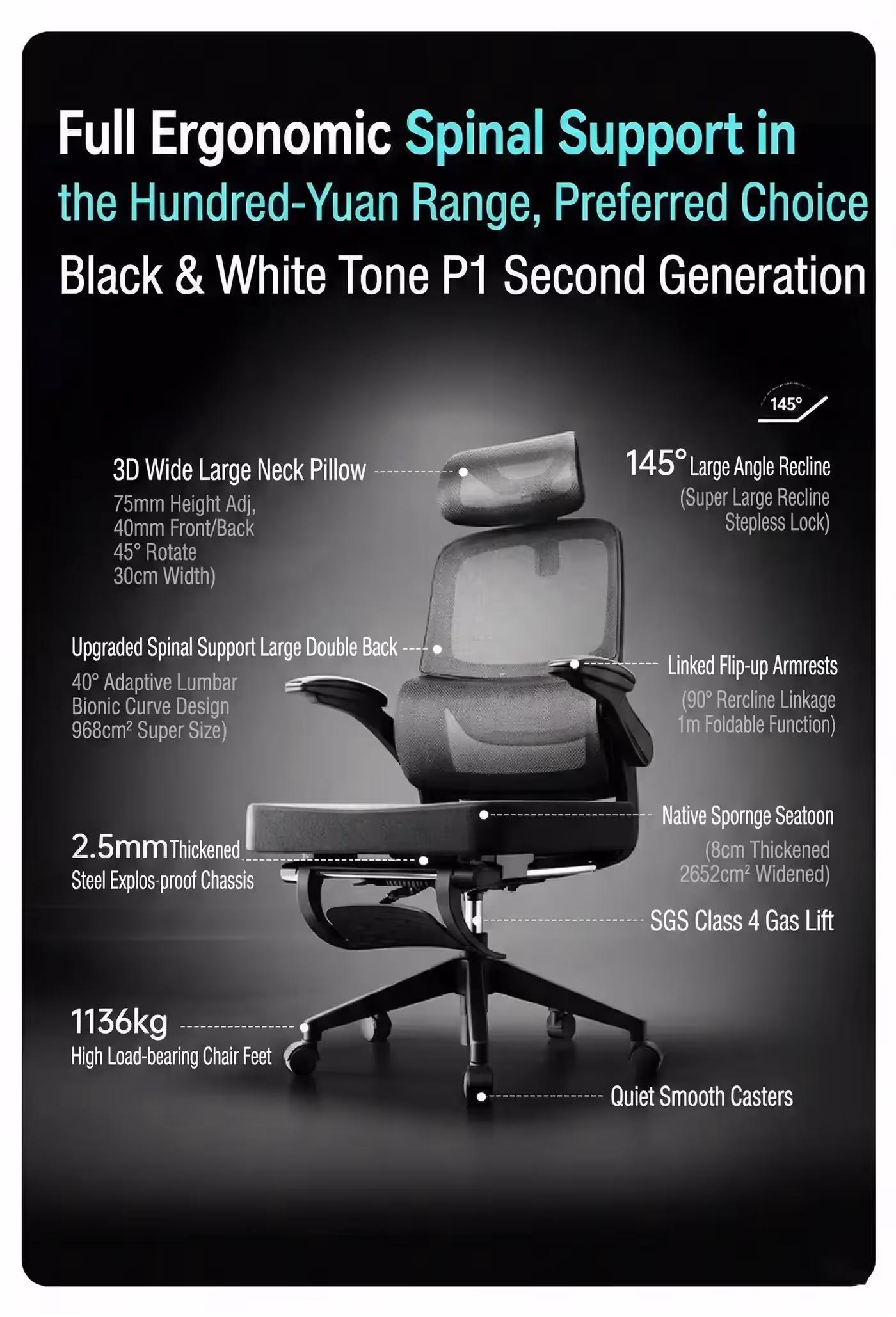 Vendor specification board listing the chair's components and measurements