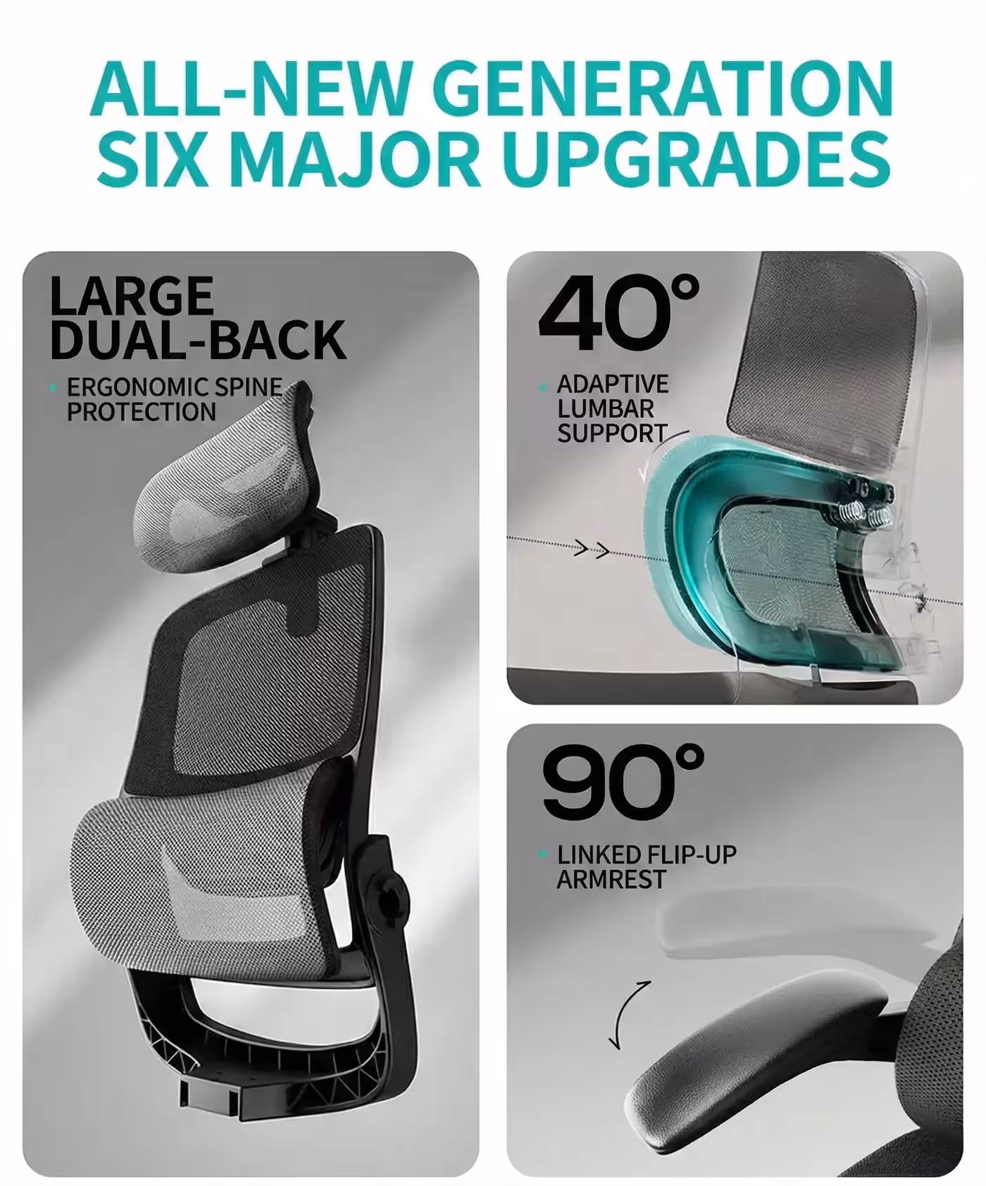 Three panels showing the dual-back, the 40-degree lumbar and the flip-up armrest