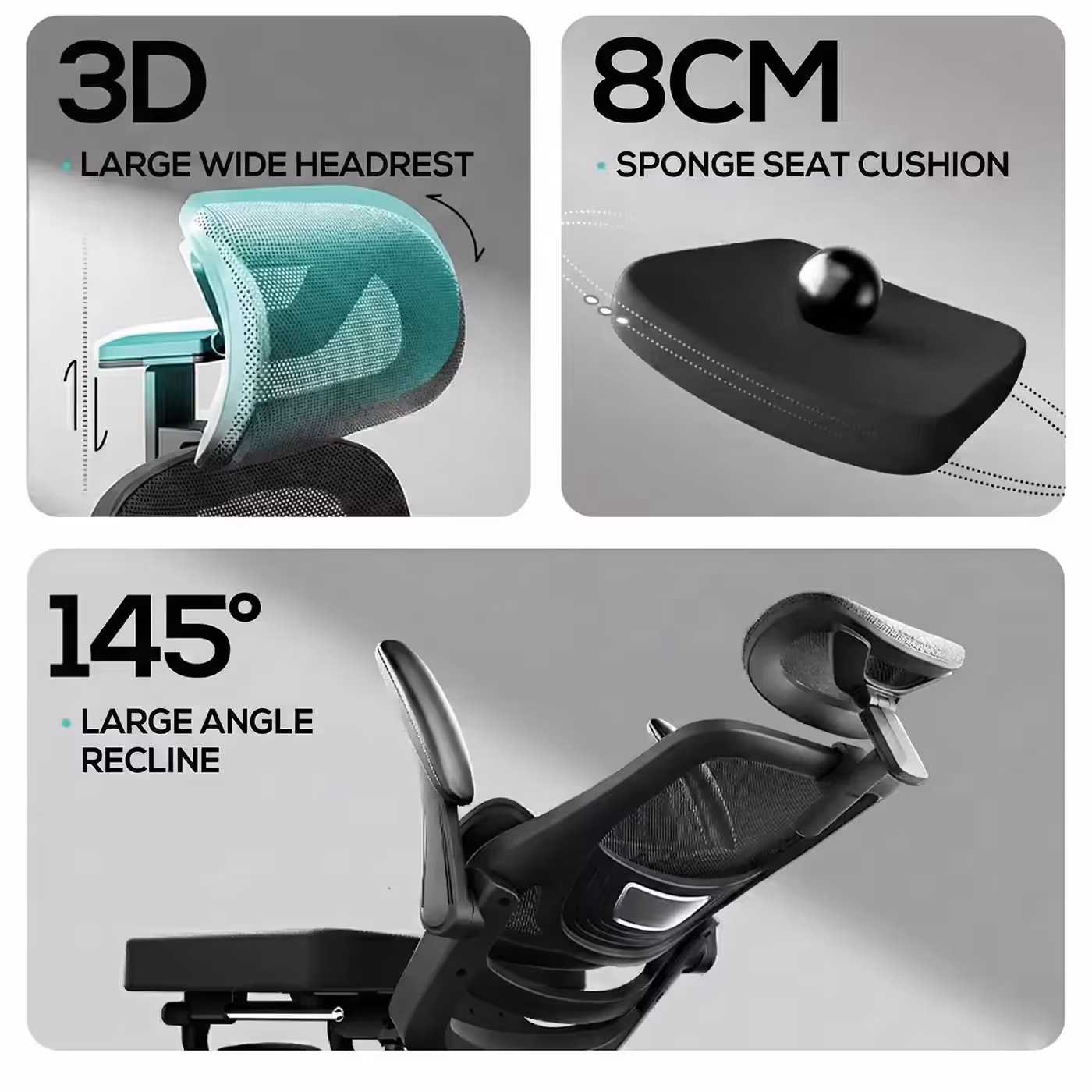 Three product shots labelled 3D headrest, 8cm cushion and 145-degree recline