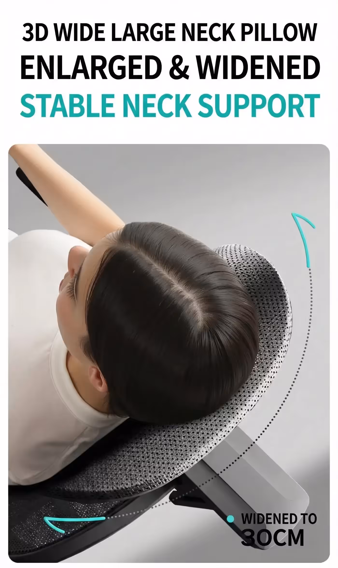 Overhead view of someone resting their head against the widened neck pillow