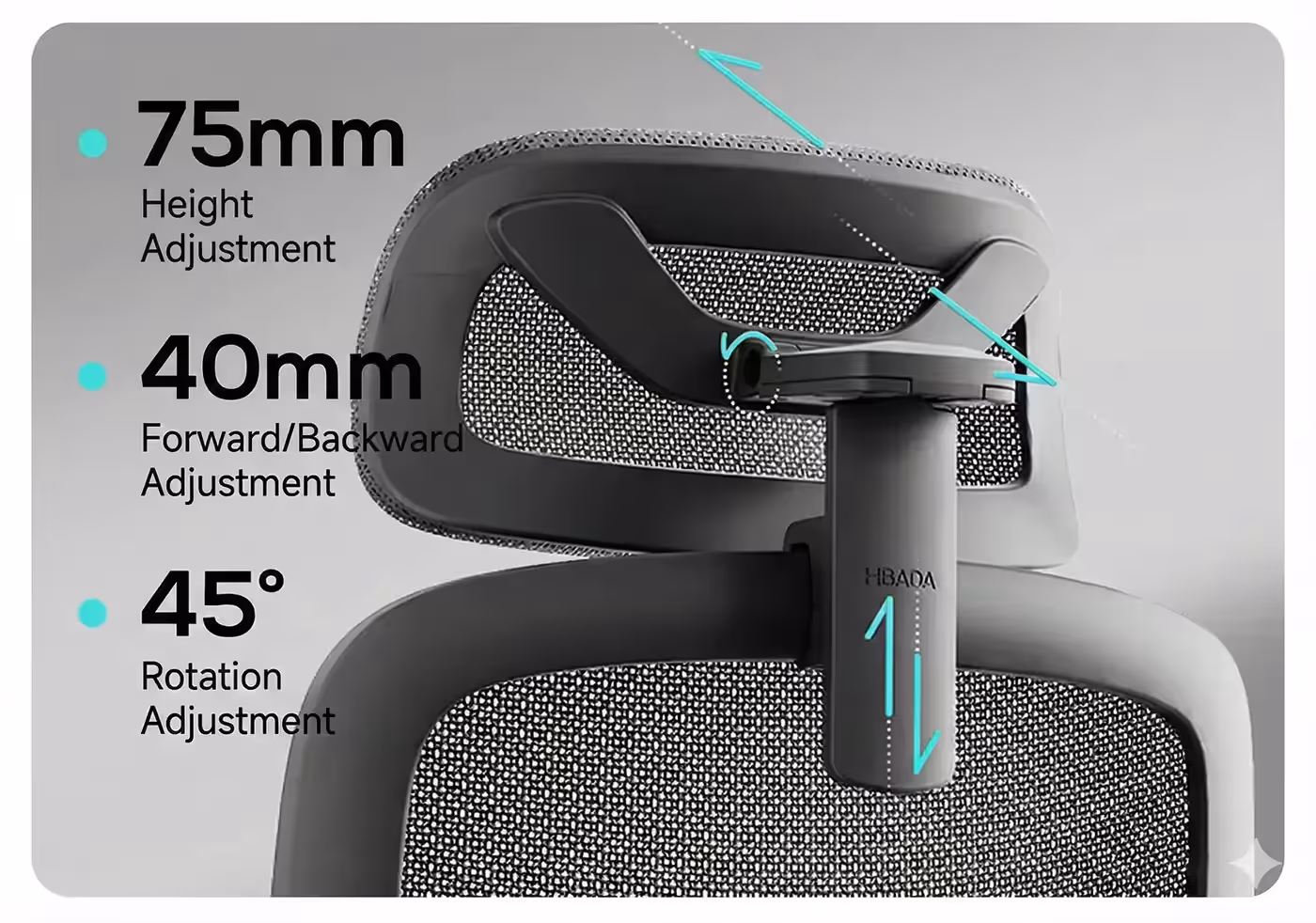 The headrest mount labelled with its 75mm, 40mm and 45-degree ranges